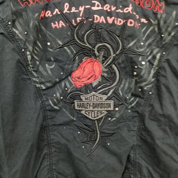 Harley Davidson Black Button Down Shirt Rhinestones Embroidered Red Rose - Picture 10 of 13
